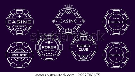 Vector set of casino and poker chip logo designs in white outline style on dark background. Suitable for online gambling, poker club branding, or mobile game design