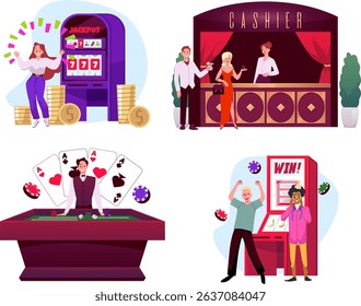 Vector set of casino scenes with characters, slot machines, cash desk, table, cards, coins and chips. Gambling. Leisure and pastime. Isolated atmospheric elements with people. Flat style.