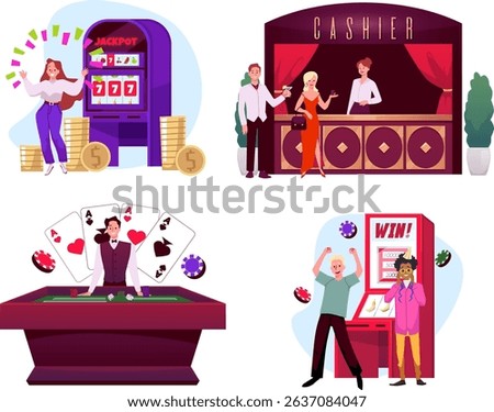 Vector set of casino scenes with characters, slot machines, cash desk, table, cards, coins and chips. Gambling. Leisure and pastime. Isolated atmospheric elements with people. Flat style.