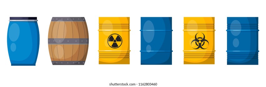 Vector set casks on a white background. Illustration of a wooden and metal blue barrels, isolate object.