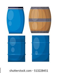 Vector set casks on a white background. Illustration of a wooden and metal blue barrels, 
isolate object.