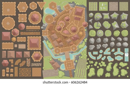 Vector set. Castle top view. 
Towers, walls, tiled roofs, pavement, rocks, moat. (View from above) 
A collection of architectural elements for medieval castles, cities, fortresses, buildings.
