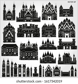 Vector set of castles and fortress in black and white. Vector towers.