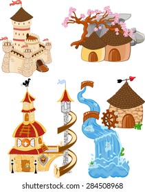 Vector Set: castles, spiral staircase, mill and waterfall, rock with cute buildings and flowers