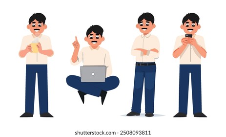 Vector set of a casual businessman in various activities, from drinking coffee to using a laptop