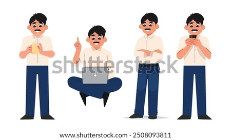 Vector set of a casual businessman in various activities, from drinking coffee to using a laptop