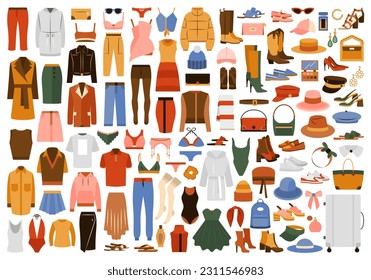 Vector set of casual clothing, shoes, accessories.