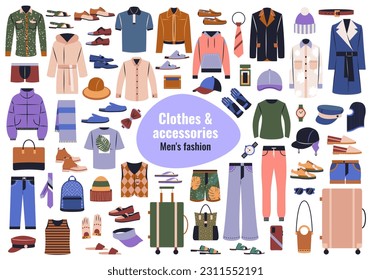 Vector set of casual clothing, shoes, accessories.