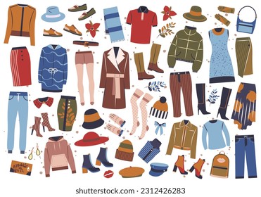 Vector set of casual clothing, shoes, accessories.