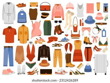 Vector set of casual clothing, shoes, accessories.