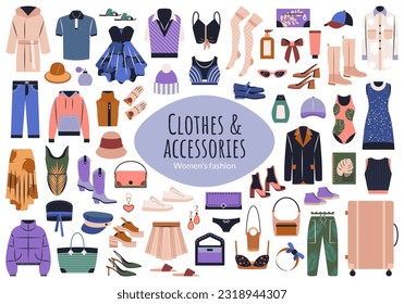 Vector set of casual clothing, shoes, accessories.