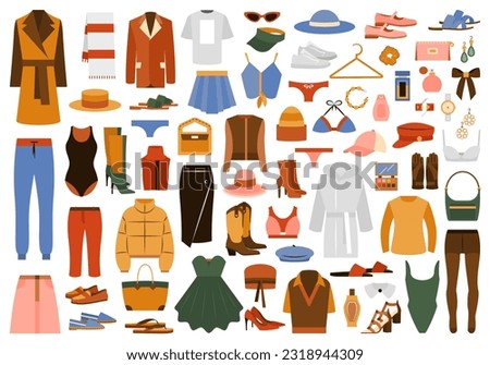 Vector set of casual clothing, shoes, accessories.