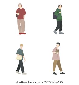 Conjunto de Vector de hombres jóvenes casuales caminando y de pie. Ilustración plana minimalista de Personas en trajes de moda aislados en blanco. Colección de personajes masculinos para collage arquitectónico.