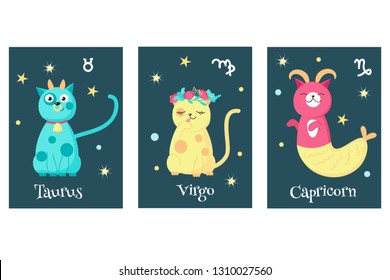 Vector set of cat astrology zodiac sign cards. Taurus, Virgo, Capricorn astrological signs. Cat horoscope.