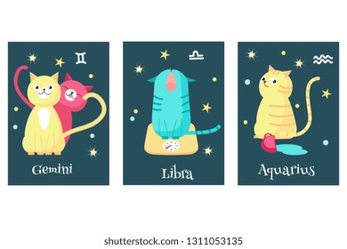 Vector set of cat astrology zodiac sign cards. Gemini, Libra, Aquarius astrological signs. Cat horoscope.