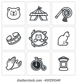 Vector Set of Cat Circus Icons. Kitty, Tent, Whip, Collar, Stunt, Applause, Bicycle, Poster. 