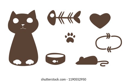 vector set of cat elements. cat, bowl, mouse, fish skeleton, paw print, heart, arrow. logo, icon, sticker, print. isolated on a white background.