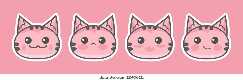 Vector Set cat faces flat hand-drawn style. flat design style minimal vector illustration. Cartoon cat sticker trendy and modern. Pink cat emotions