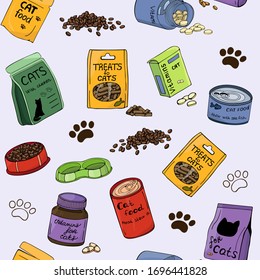 Vector set of cat food. Color seamless background