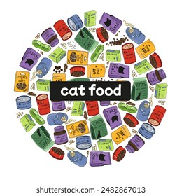 Vector set of Cat Food in the shape of a circle. Color image of pet food. Concept of caring and caring for pets. 