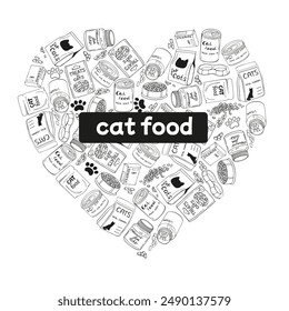 Vector set of Cat Food in the shape of a heart in doodle style. Image of pet food. Concept of caring and caring for pets. 