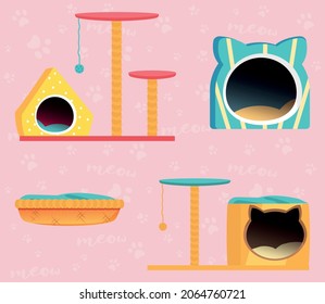 Vector set of cat houses illustration for pet shop. Claw sharpener, claw point, cat tower. Vector collection of playground accessories for pets.