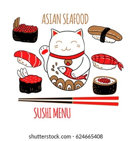 Vector set with cat maneki neko, sushi and chopsticks.