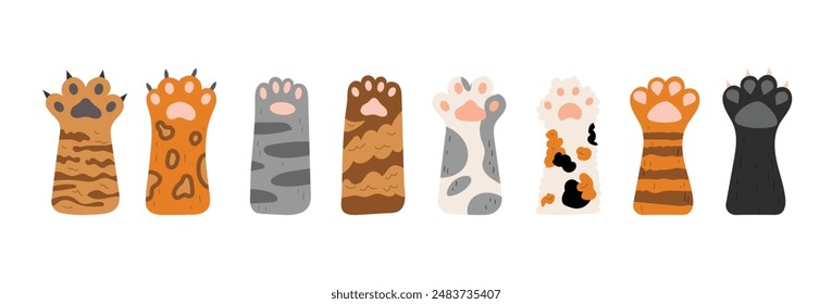 Vector set of cat paws. Different cute cat paws. Collection of pets feet with claws and different fur. Objects isolated on white background.