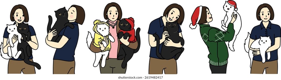 A vector set of Cat people, cool animal and owner, Me and my kitten, black and white cat, cute animal