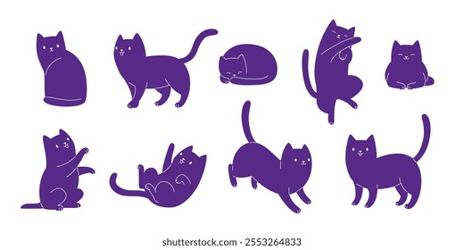 Conjunto de Vector de silueta de gato. Linda colección de pose de gatito. Adorable Paquete de gatos negros.