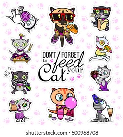 Vector set with cat stickers. Hungry pets. Emoji for chats. Badges with cats eating and drinking food. paws traces. Illustrations isolated on white background.