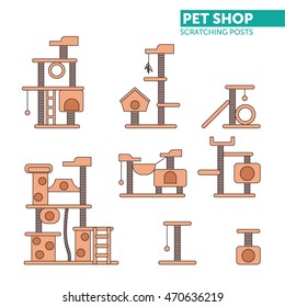 Vector set of cat towers. Color scratching rope post set. Cat square house with hanging ball toy. Flat design.