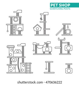 Vector set of cat towers. Scratching rope post set. Cat square house with hanging ball toy. Flat design. 