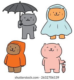 conjunto vetorial de gato usar guarda-chuva e capa de chuva