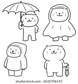 vector set of cat use umbrella and raincoat