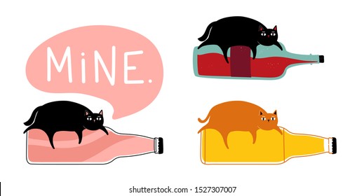 Vector con gatos y botellas - soda o limonada, vino y cerveza. Mía letras en burbuja de discursos. Graciosa colección con animales y bebidas calientes