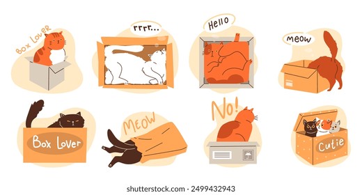 Vector set Cats and cardboard boxes . Set featuring cats in paper bags and cardboard boxes, suitable for pet related concepts, combined with funny text. Flat style on isolated background.