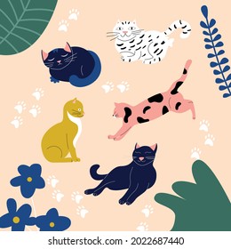 Vector set with cats of different breeds and colors. Cards with cats, paws and pads in flowers. Vector illustration.