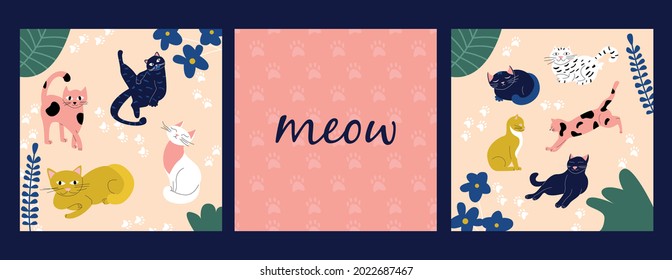 Vector set with cats of different breeds and colors. Cards with cats, paws and pads in flowers. Vector illustration.