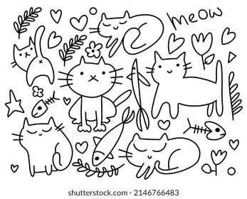 Conjunto vectorial de gatos y elementos Doodle. Graciosos gatos dibujados a mano. Ilustración vectorial de animales con gatitos adorables.