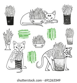 Vector set of cats eating grass.   Isolated on white background.                           