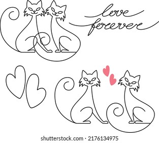 Vector set: cats in love, simple hearts, lettering. Line art cartoon style for design saint valentine card, poster, wedding invitation