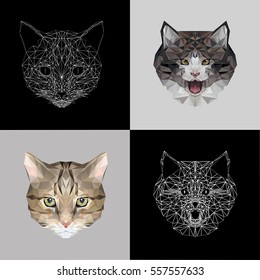 Vector set cats low poly design. Triangle cat icon illustration for tattoo, coloring, wallpaper and printing on t-shirts. Silhouette kitty. Polygon animal.