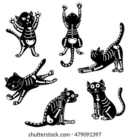 vector set of cats wearing Halloween costumes of skeleton