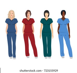 Vector set of caucasian, asian and black female doctors wearing scrubs