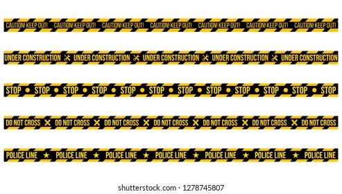 vector set of caution tapes on whit e background. Illustration consists of Caution keep out , Do not cross , Police Line Under Construction tape with text and different tapes without signs. Fully