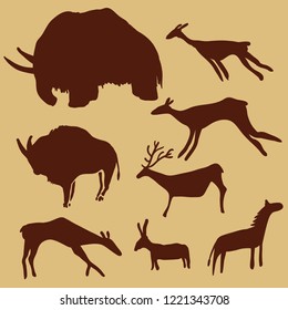 Vector Set of Cave Painting Animals. Primitive Art Illustrations.