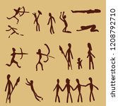 Vector Set of Cave Painting People. Primitive Art Illustrations. Hunting and Ritual Scenes.