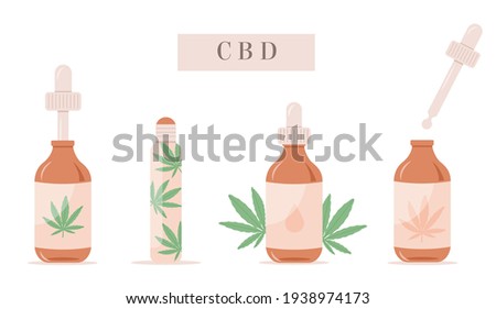 Vector Set of CBD oil bottles. Remedy for stress, anxiety, pain. Hemp extracted Roller. Collection of alternative medicine for relaxation. Cannabis plant. Pastel flat illustration with Marijuana leaf.