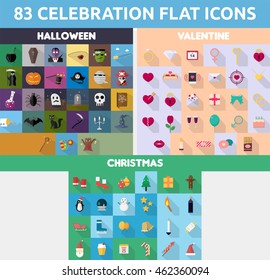 Vector Set of Celebration Flat Icons | Include Halloween, Christmas and Valentine